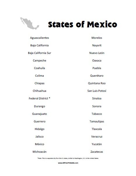 states-of-mexico-list-free-printable