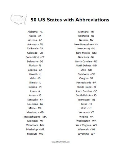 50 States With Abbreviations List Free Printable
