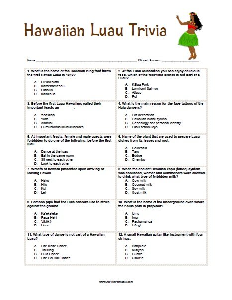 Free Printable Hawaiian Luau Trivia Game