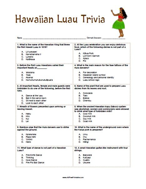Hawaiian Luau Trivia Free Printable