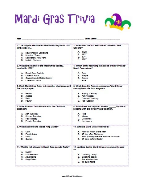 Mardi Gras Trivia – Free Printable