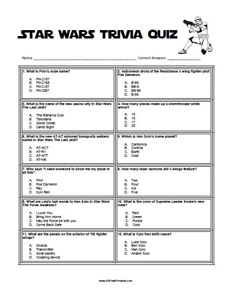 Star Wars Trivia Quiz – Free Printable