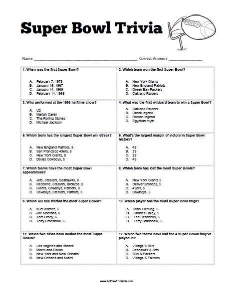 Free Printable Football Super Bowl Trivia Quiz