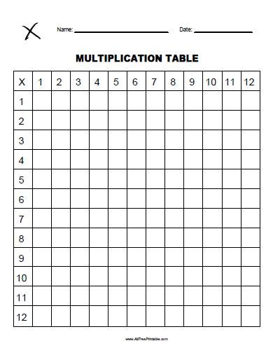 Blank Multiplication Table Free Printable
