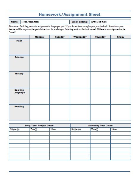 Free Printable Homework Assignment Sheets
