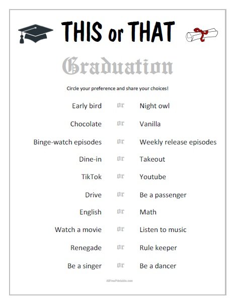 Free Printable This or That Graduation Game
