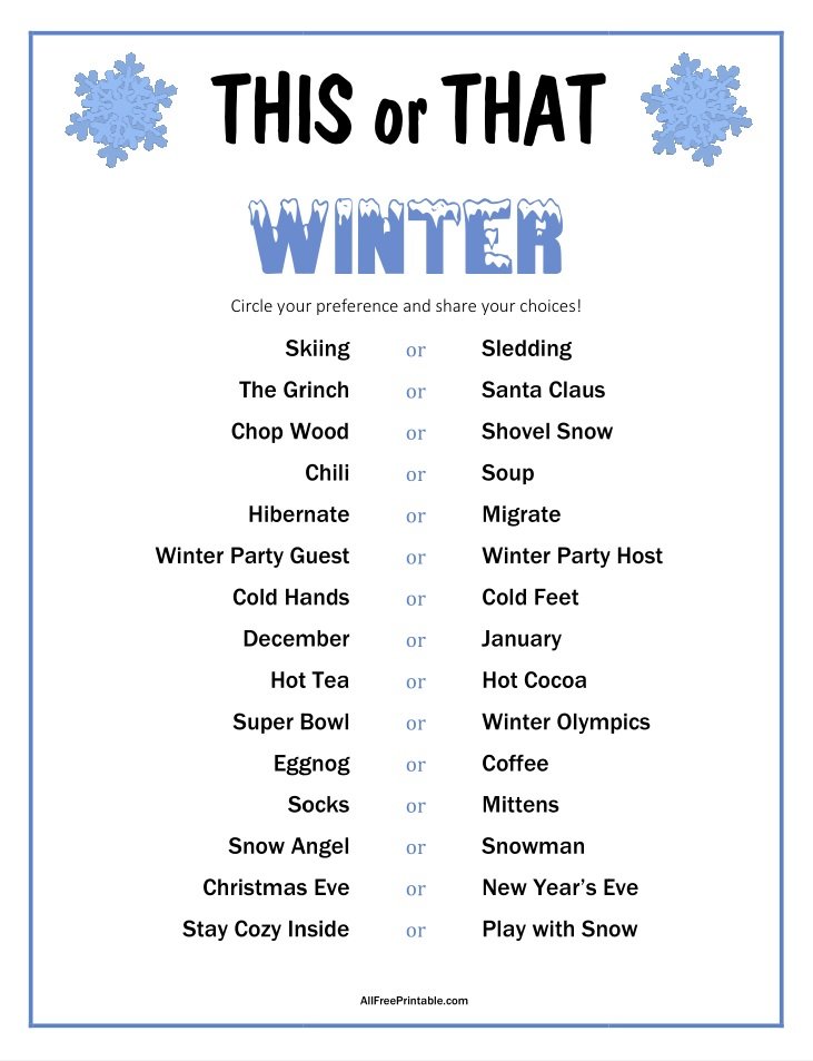 Free Printable This or That Winter Game