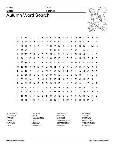 Autumn Word Search Puzzle Free Printable