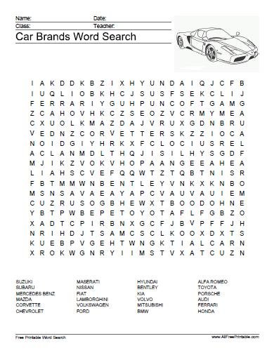 Free Printable Car Brands Word Search
