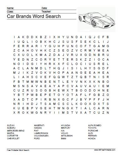 Car Brands Word Search Free Printables