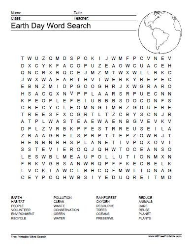 Earth Day Word Search Free Printable