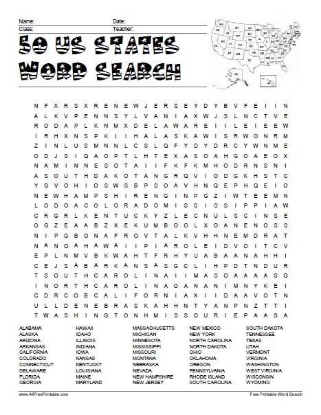 Free Printable 50 US States Word Search