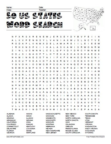 50 US States Word Search Free Printable