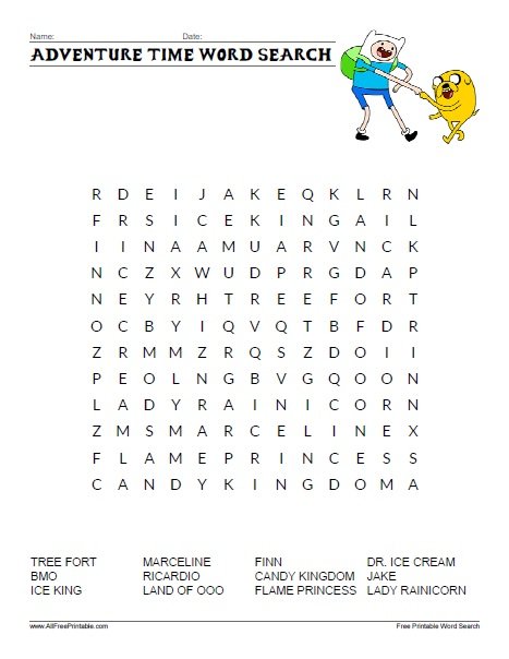 Adventure Time Word Search Free Printable