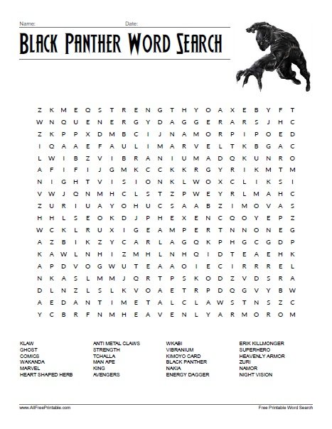 Free Printable Black Panther Word Search