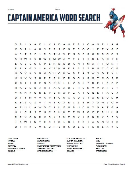 Free Printable Captain America Word Search