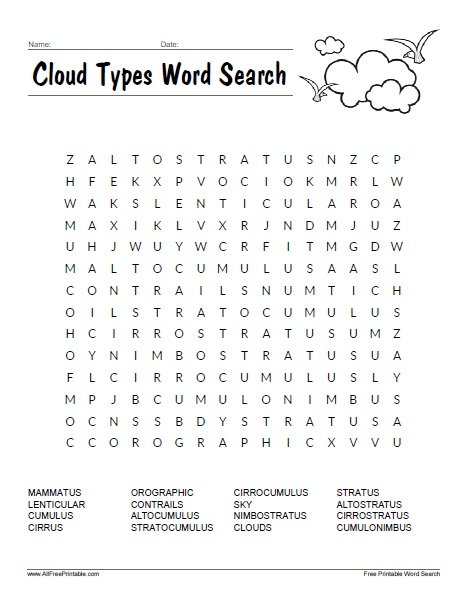 Free Printable Cloud Types Word Search