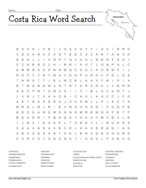 Free Printable Costa Rica Word Search