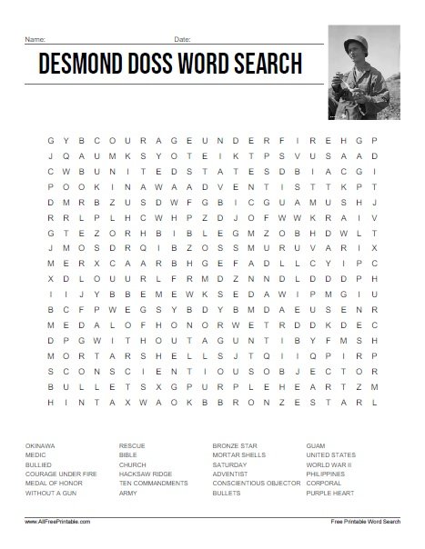 Free Printable Desmond Doss Word Search Puzzle