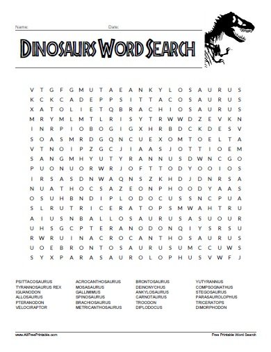 Dinosaurs Word Search Free Printable