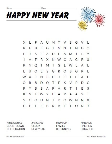 Happy New Year Word Search Free Printable