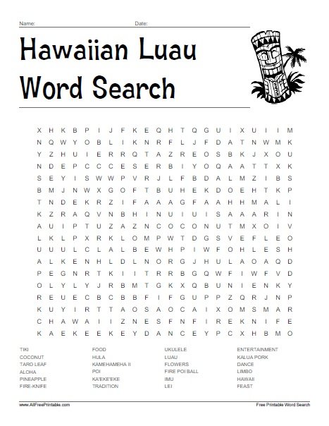 hawaiian luau word search free printable  hawaiian luau word search