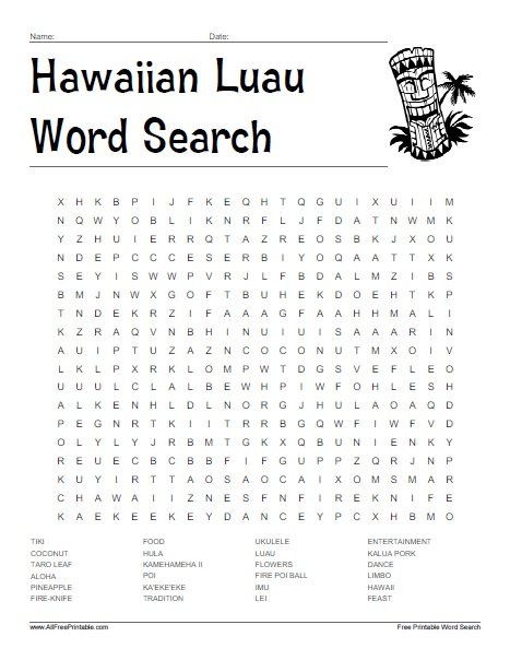 Hawaiian Luau Word Search Free Printable