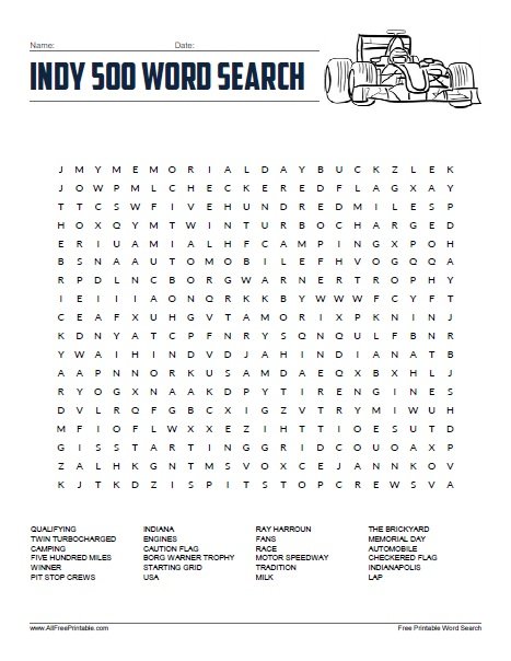 Free Printable Indy 500 Word Search