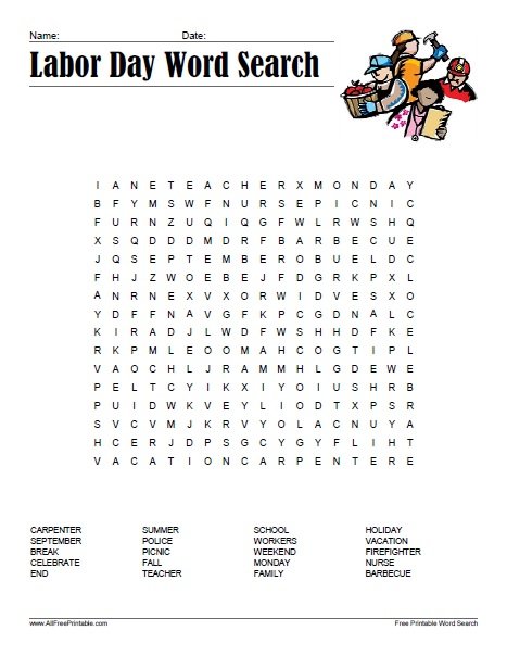 Labor Day Printable Word Search