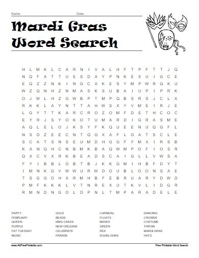 Mardi Gras Word Search Free Printable