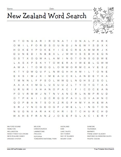 New Zealand Word Search Free Printable
