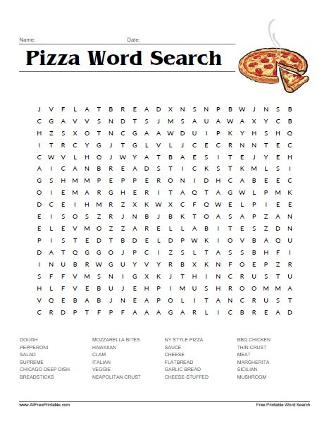Free Printable Pizza Word Search