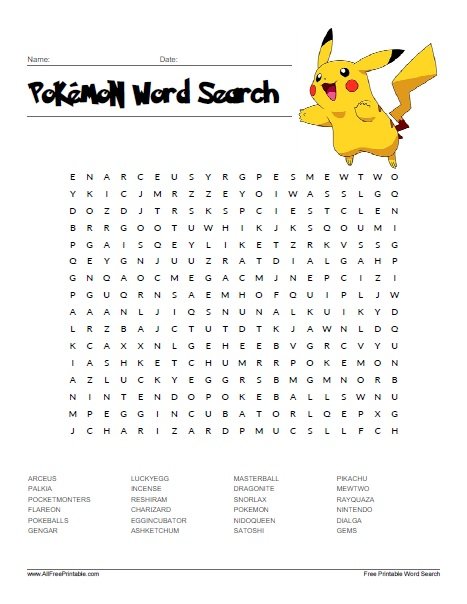 Free Printable Pokemon Word Search