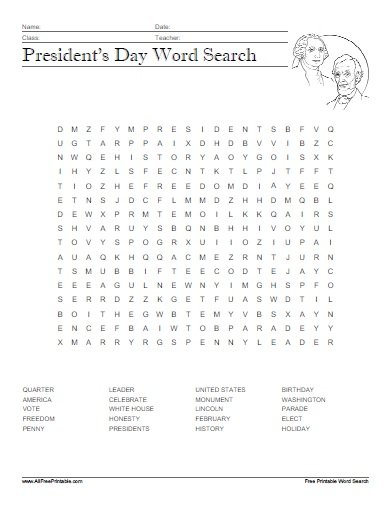 President s Day Word Search Free Printable