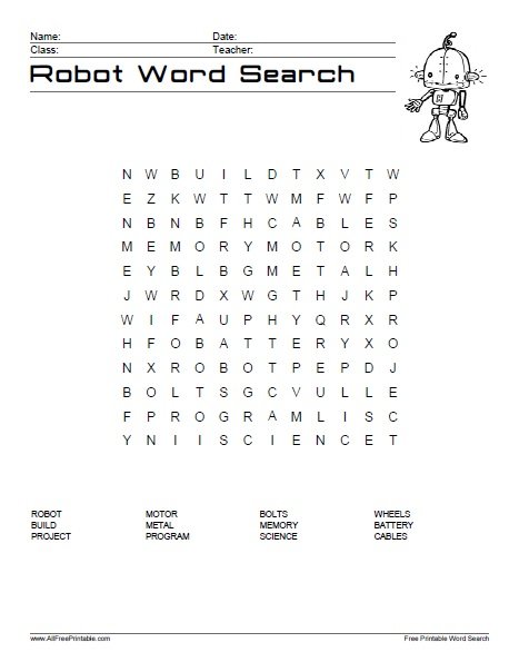 Robot Word Search Free Printable