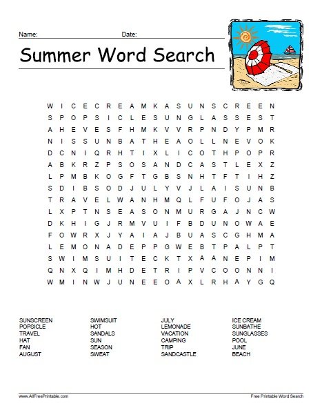 Free Printable Summer Word Search Puzzle