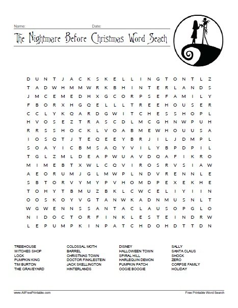 Free Printable The Nightmare Before Christmas Word Search
