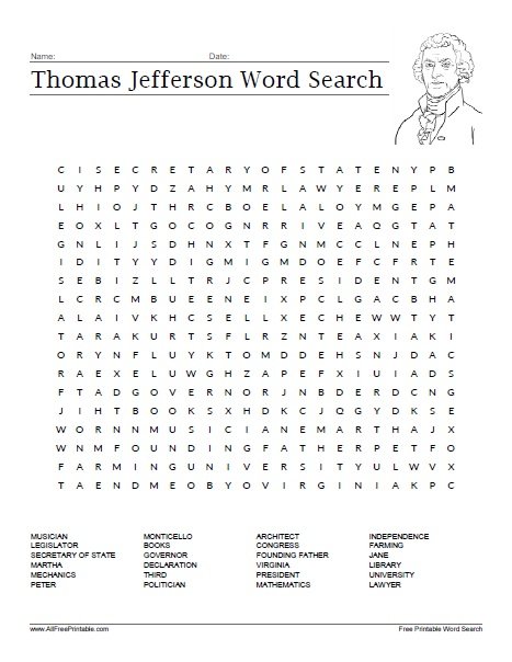 Thomas Jefferson Word Search Free Printable