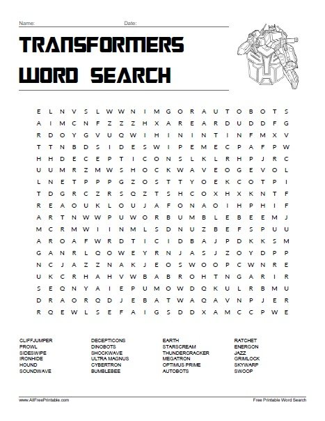 Free Printable Transformers Word Search