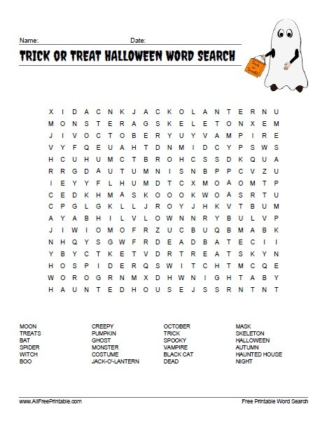 Trick Or Treat Halloween Word Search Free Printable
