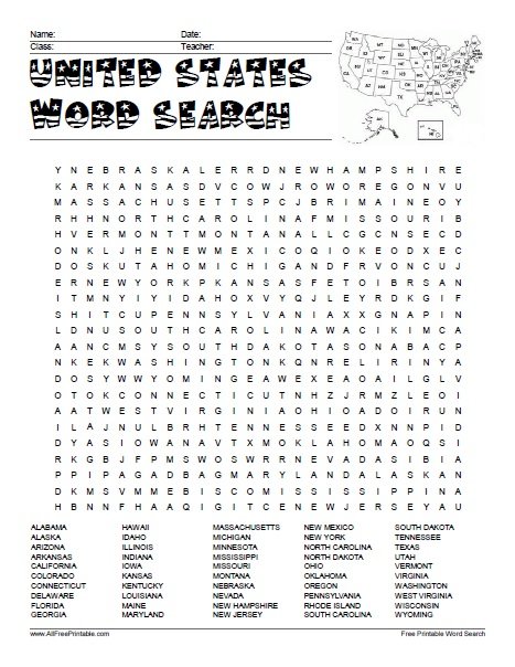 Free Printable United States Word Search