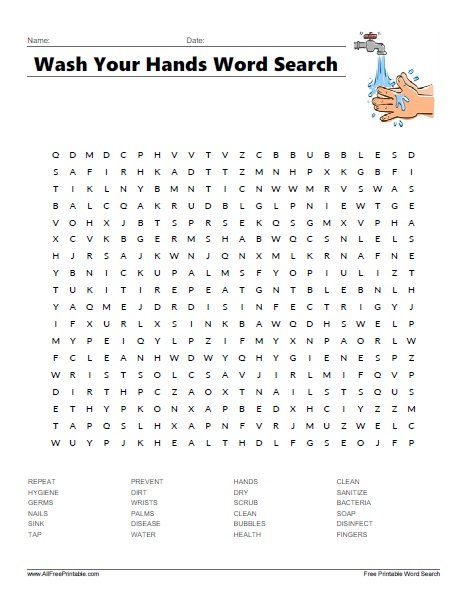 Free Printable Wash Your Hands Word Search