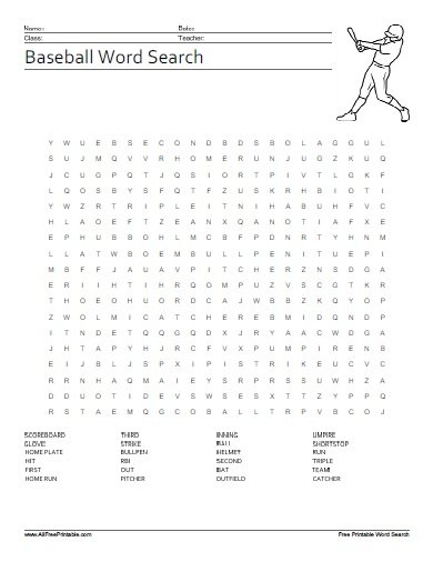 Baseball Word Search Printable