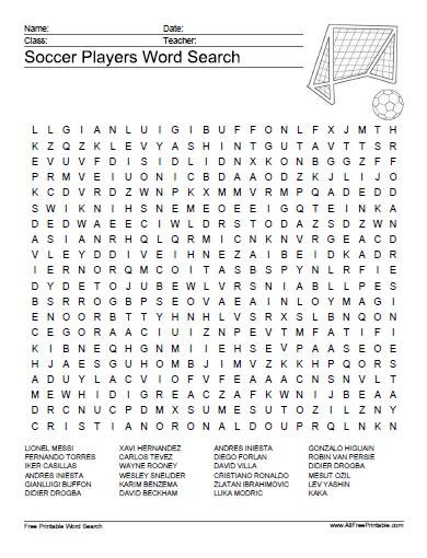 Soccer Players Word Search Puzzle Free Printable