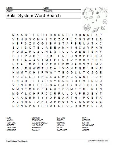 Solar System Word Search Puzzle Free Printable