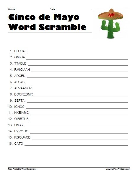Free Printable Cinco de Mayo Word Scramble
