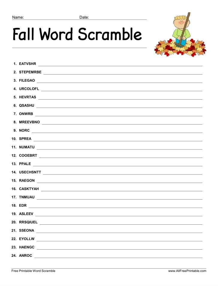 Free Printable Fall Word Scramble
