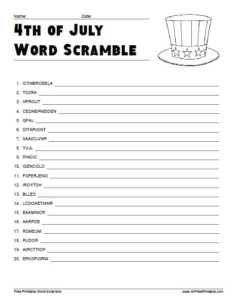 Free Printable Fourth of July Word Scramble