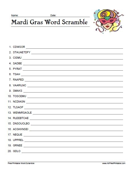Free Printable Mardi Gras Word Scramble