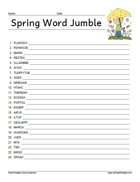 Spring Word Jumble Free Printable